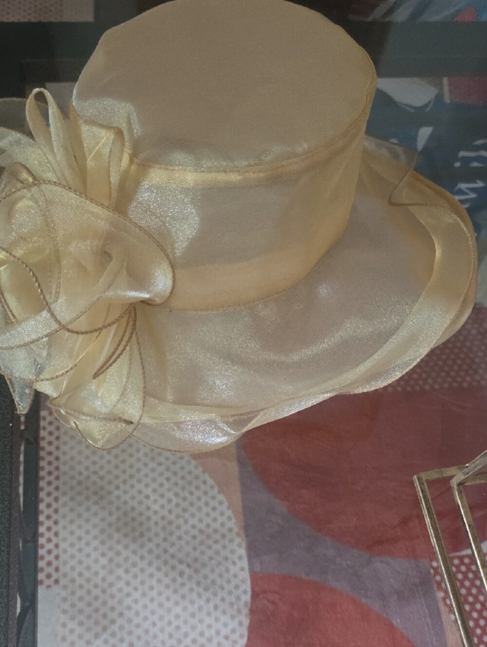 Elegant Women's Gold Organza Dress Hat with Floral Accent - Picture 4 of 6